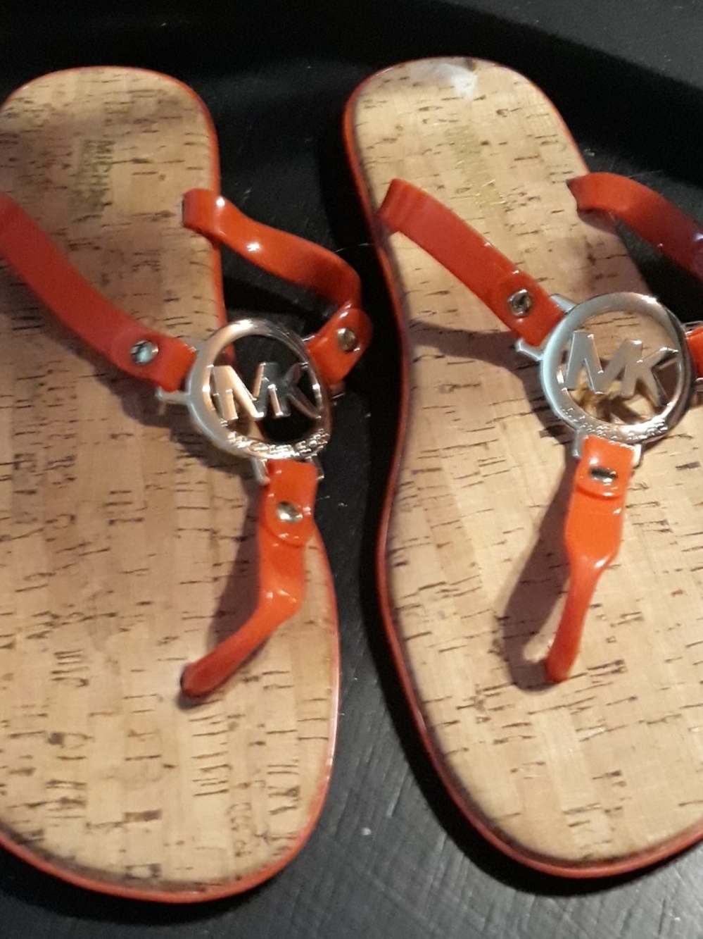 Michael Kors Orange Patent Cork Thong Sandals with MK Medallion